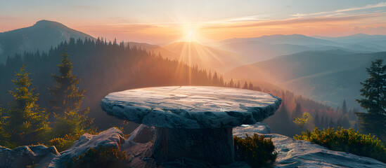 Outdoor rock table top with mountain landscape at sunrise showcasing organic beauty