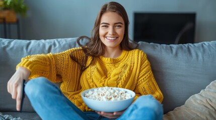 Wall Mural - Smiling Woman with Popcorn Bowl