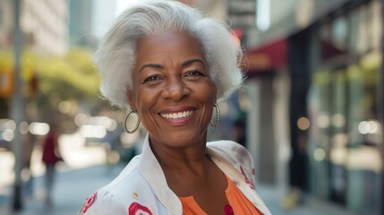 Wall Mural - Attractive smiling white haired black mature woman posing in a city street looking at the camera	
