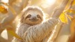   A sloth up close on a tree branch, sun filters through overhanging leaves, backdrop softly blurred