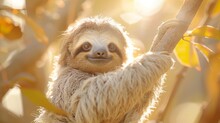   A Sloth Up Close On A Tree Branch, Sun Filters Through Overhanging Leaves, Backdrop Softly Blurred