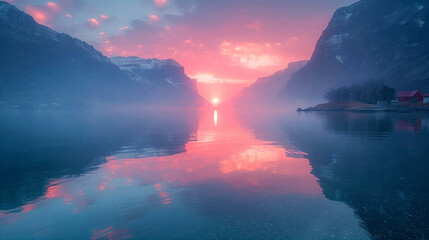 peaceful sunset over a mountain lake