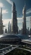 A view of a futuristic cityscape filled with numerous towering buildings reaching towards the sky