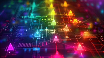 Poster - network diagram with nodes and connections in vibrant glowing digital colors