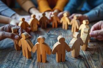 A group of people holding wooden figures in a circle