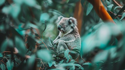 Wall Mural -   A koala atop a verdant tree amidst a lush forest, surrounded by numerous green leaves