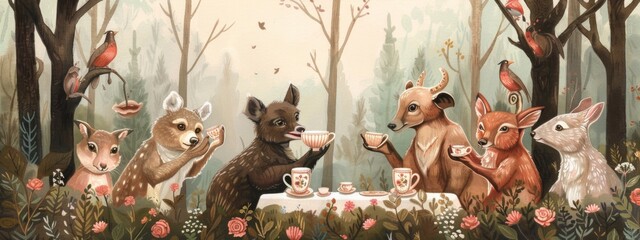 A whimsical illustration of animals in a forest having a tea party.