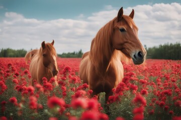 Wall Mural - 'mane long horse sky red field flower adult animal background beautiful beauty blue brown cloud colours cute equestrian equine face farm fun grass green head landscape looking meadow nature1 outside'