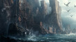 A dramatic image of an ancient sailing ship braving the turbulent seas near massive rock formations with mystic dragons flying
