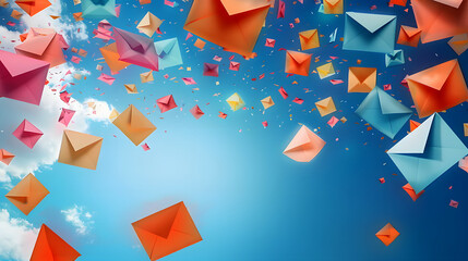 Poster - Colorful paper envelopes flying in the blue sky. Astract background for Thank a Mailman Day, appreciation for postal workers