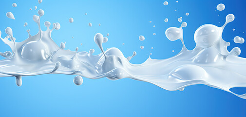 Wall Mural - Milk splash or cream wave with drops on blue background, wide illustration.