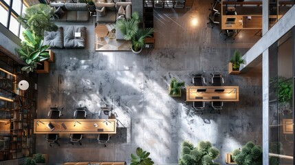 office workspace interior with floor plan view from above