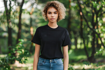 Wall Mural - Stylish T-Shirt Mockup on Young Woman