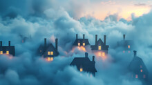 A Serene Village Lies Enveloped In Clouds, Its Warm Lights Hinting At Cozy Life Despite The Mystical Surrounding Haze