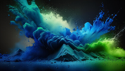 Wall Mural - abstract background blue and green powder splattered onto a black surface