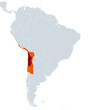 Atacama Desert, political map. Hyperarid desert plateau, located on the Pacific coast of South America, north of Chile, highlighted in red. Arid barren lower slopes of the Andes highlighted in orange.