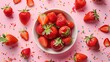 Strawberries in a bowl on a pink background, top view
