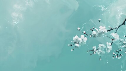 Canvas Print - minimalistic teal background wallpaper with cherry spring blossom flowers