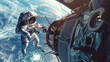 This captivating image captures an astronaut in full gear conducting a spacewalk outside the International Space Station with Earth in the backdrop