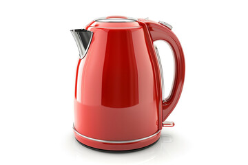 Wall Mural - A glossy red electric kettle with a curved handle and a water level indicator isolated on a solid white background.