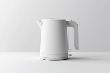 Wall Mural - A glossy white electric kettle with a curved handle and a concealed heating element isolated on a solid white background.