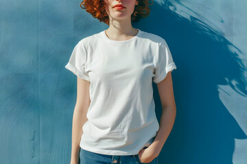 Wall Mural - Stylish T-Shirt Mockup on Young Woman