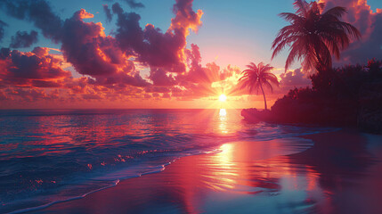 Wall Mural - Beautiful sunset tropical beach with palm tree and pink sky for travel and vacation in holiday relax time