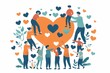 Diverse people of different ages standing together around the big heart shape, leaves in orange color. Ai generated