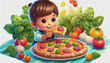 oil painting style CARTOON CHARACTER CUTE baby A CHILD Tasty pepperoni pizza and cooking ingredients, 