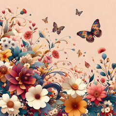 Wall Mural - background with butterflies. vector, flowers, nature, texture, decoration, art, illustration, butterfly, vintage, leaf,Ai generated 