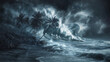 A dramatic monochrome illustration of towering waves engulfing a palm-lined beach