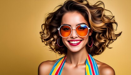 Wall Mural - Portrait of a beautiful smiling woman in colorful beachwear and sunglasses on a yellow background.  Summer banner for advertising