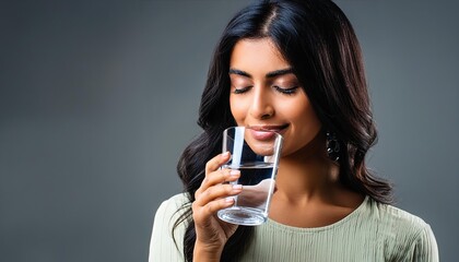 Beautiful woman drinks water from a glass, isolated on a black background with copy space. A beautiful young Indian girl drinking clean, fresh, clear water for skin care and beauty.