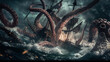 A ship is caught in the clutches of a massive Kraken, an intense battle scene set against tumultuous ocean waves