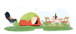 © Катерина Фирсова - Flat vector illustration camping with a tent. Outdoor recreation with cooking grill, green plants, trees. Garden modern furniture for barbecue and picnic. Cartoon template BBQ summer parties