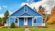 Exterior of Small American House with Blue Paint