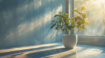 Wall Mural - A potted plant sits on a table in front of a window, with sunlight shining on it