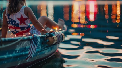 Child's legs dangle from a boat adorned with American flags on July 4th. Child's legs hanging over the edge of a decorated boat symbolize American Independence Day.