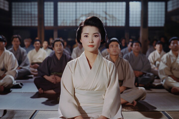 A young Japanese woman in white robes sits on the floor, facing forward and looking directly at us with an expression of calm confidence as she sits uprigh