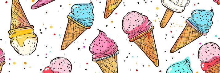 Wall Mural - Pattern with variety of ice cream designs on white background banner. Panoramic web header. Wide screen wallpaper