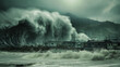 An ominous and dramatic scene capturing a gigantic wave engulfing coastal properties, showcasing the raw power of nature