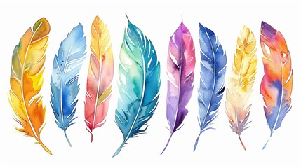 Poster - Colorful bird feather watercolor set presented in a vintage decorative style against a white background.