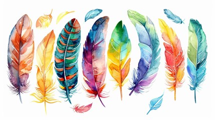 Poster - Colorful bird feather watercolor set presented in a vintage decorative style against a white background.