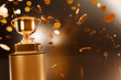 Golden winner's cup on a pedestal with coins and confetti.3D rendering