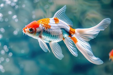 Wall Mural - A fish with orange and white stripes swims. The fish is swimming in a tank with a blue background
