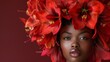 A dramatic portrait of a model with fiery orange and red amaryllis flowers instead of hair. 