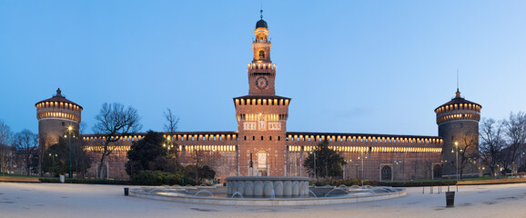 Wall Mural - MILAN, ITALY - MARCH 4, 2024: Sforza castle - Castello Sforzesco at dusk