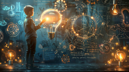 a boy is holding a light bulb in front of a wall with a lot of equations