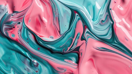 Wall Mural - amazing thick liquid paint swirling impetuous texture background in teal and pink nuances