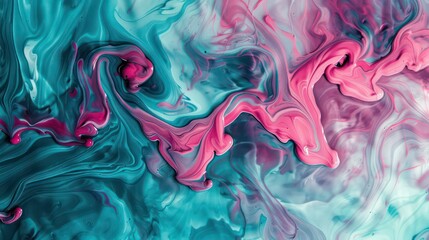 Wall Mural - amazing thick liquid paint swirling impetuous texture background in teal and pink nuances
